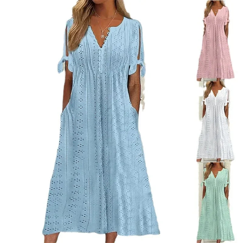 Vestido de Renda Jana - Gola em V de Manga Curta (Verão 2026)